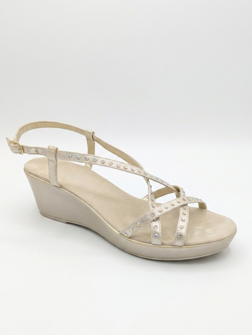 Nine West Gold Low Wedge Rhinestone Embellished Strappy Sandals Size 8 M
